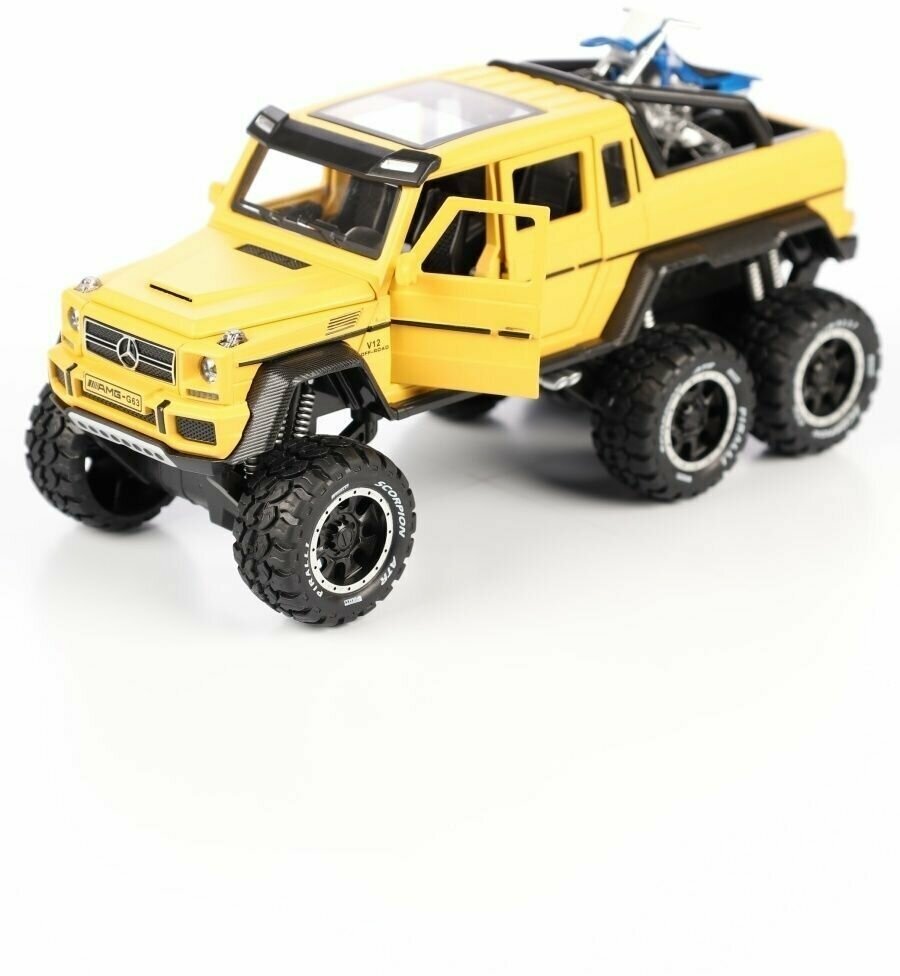 Коллекционная машинка игрушка металлическая Мерседес Гелендваген с мотоциклом для мальчиков масштабная модель 1:24 желтый