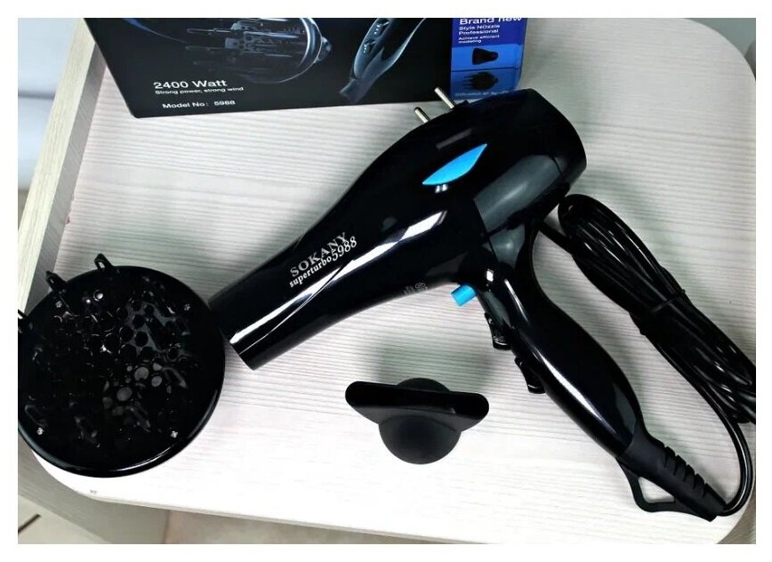 Профессиональный фен для укладки непослушных волос Hair Dryer/2 скоростных режима/2 насадки /Мощность 2400 Вт / Быстрая сушка / SK-5988/Черный - фотография № 3