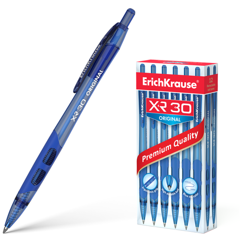 Ручка шариковая автоматическая XR-30, узел 0.7 мм, чернила синие, резиновый упор, длина линии письма 1000 метров./В упаковке шт: 12