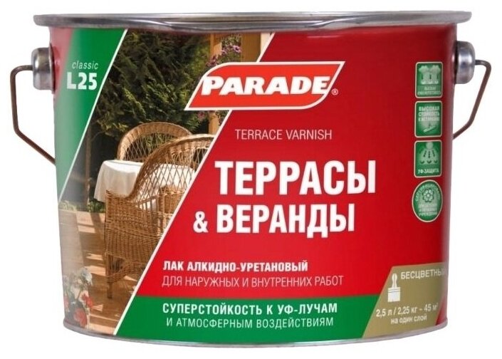 Лак алкидно-уретановый PARADE L25 Террасы & Веранды полуматовый 2,5л