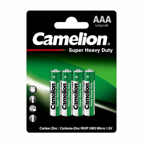 Батарейки солевые CAMELION SUPER HEAVY DUTY 1668, R03, ААА, 1.5В, 470 мАч, упаковка 4шт солевые батарейки пальчиковые r06 аа и мизинчиковые r03 ааа 4 штуки