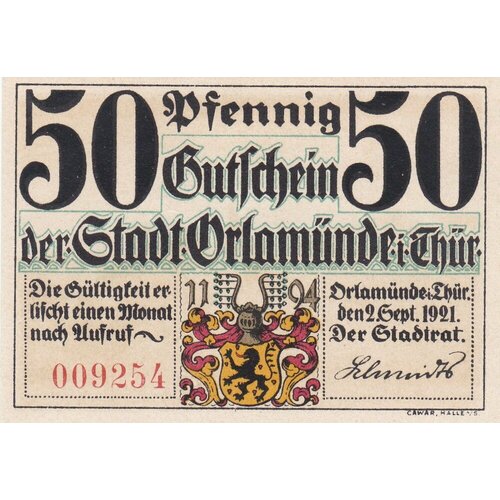 Германия (Веймарская Республика) Орламюнде 50 пфеннигов 1921 г. (№1)