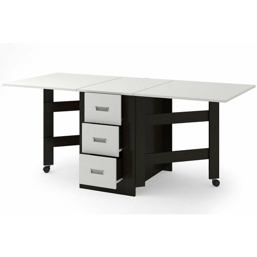 Стол-книжка №3 обеденный, венге цаво, фасад и столешница белый гладкий, с ящиками