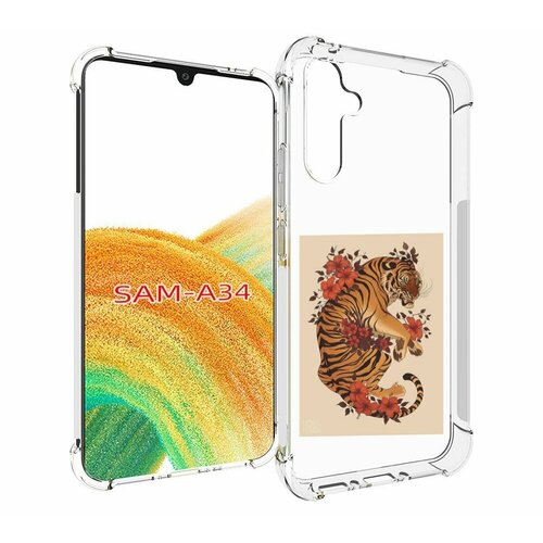 Чехол MyPads злой-тигр-с-цветами для Samsung Galaxy A34 задняя-панель-накладка-бампер