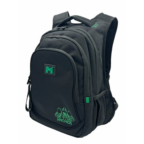 Рюкзак школьный MAKSIMM для мальчика (подростков) черно-зеленый с анатомической спинкой