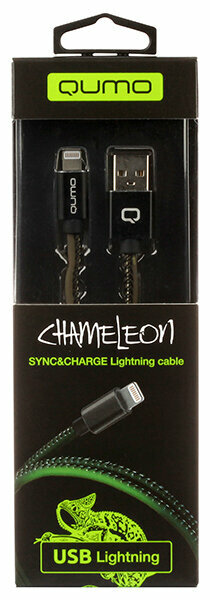 Кабель Qumo USB-Apple lightning 8 pin 1м, USB 2.0 5В, 2.1А, 10,5Вт, Chameleon оплётка, металлический кон. Черно-зелёный