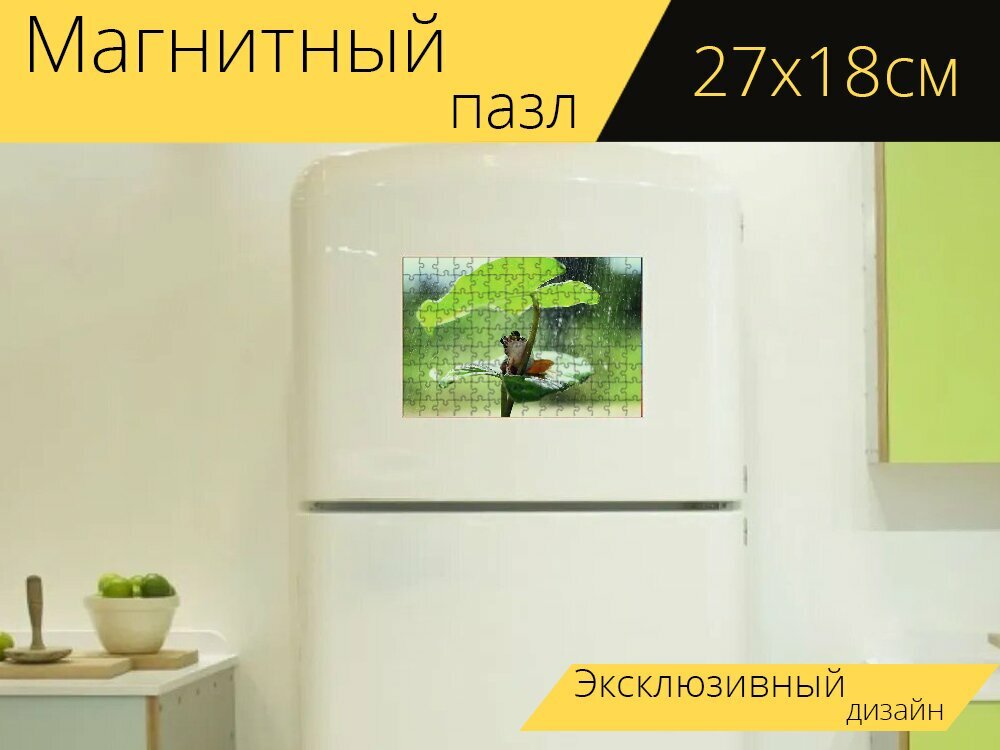 Магнитный пазл "Лягушка, зеленый, лист" на холодильник 27 x 18 см.