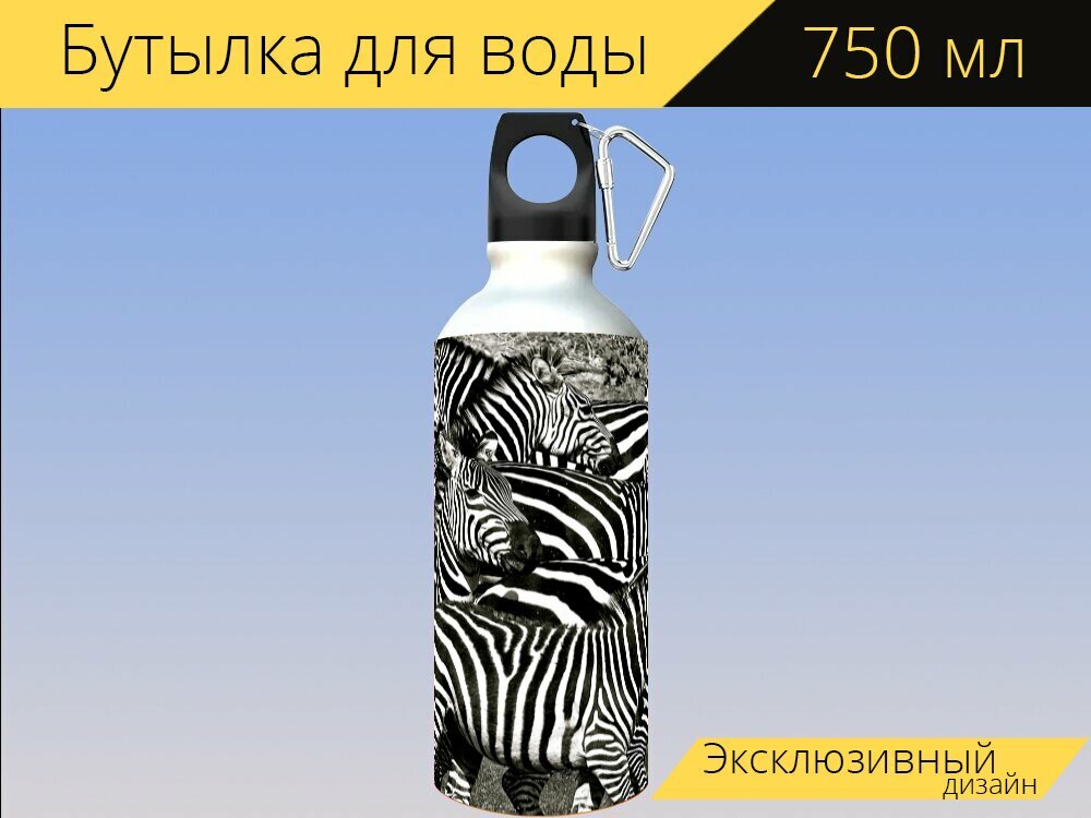 Бутылка фляга для воды "Зебра, zebra, сафари" 750 мл. с карабином и принтом