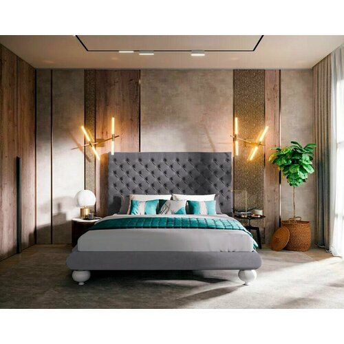Двуспальная кровать 160x200, Grande Letto, с мягким изголовьем, с ящиком, велюр, серый