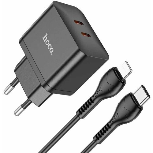 Сетевое зарядное устройство Hoco N29 PD35W 2Type-C + Кабель Type-C to iP 1м, черный сзу 2 pd 35w n29 hoco type c to lightning белый