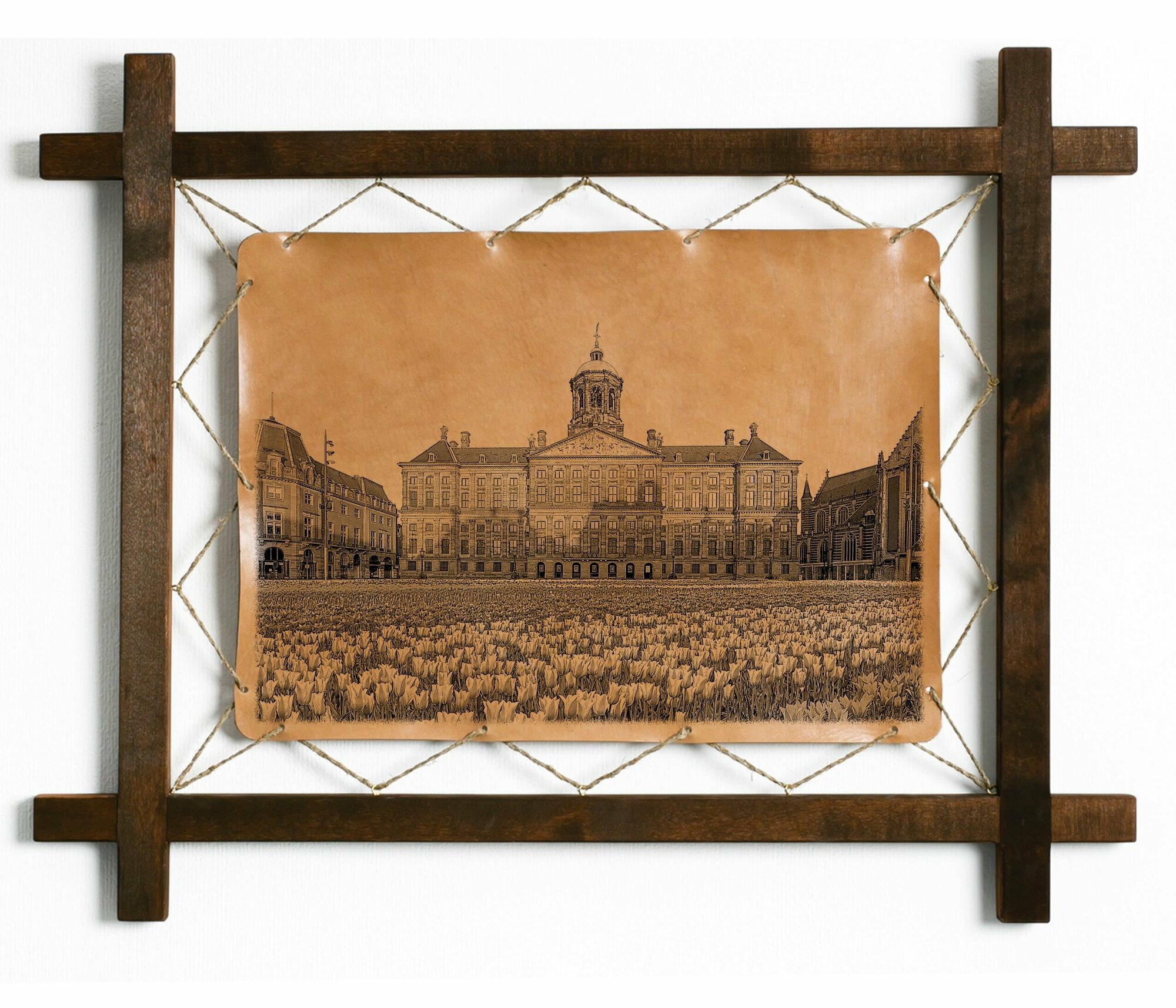 Картина Королевский дворец, Нидерланды, гравировка на натуральной коже, интерьерная для украшения и декора на стену в деревянной раме, подарок, BoomGift