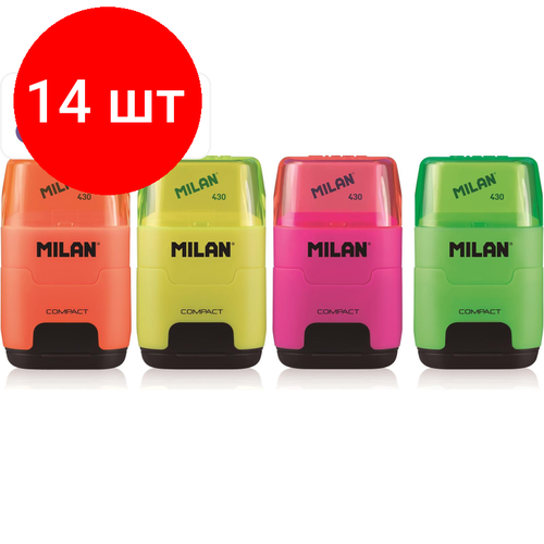 Комплект 14 штук, Ластик-точилка Milan Compact Fluo, цв в асс 4719116 ластик точилка milan compact fluo цвет в ассорт блистер bym10380
