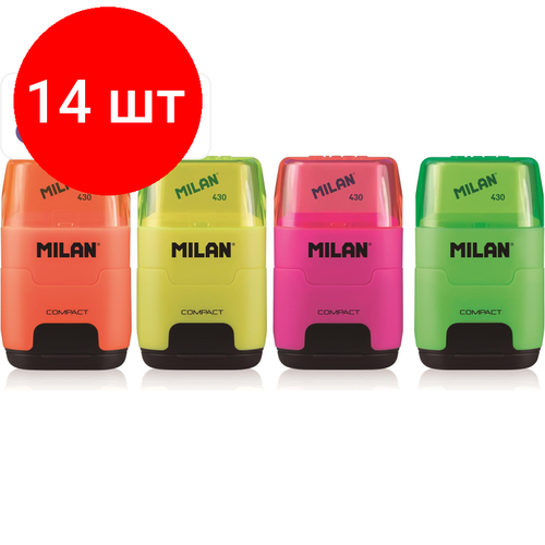 Комплект 14 штук, Ластик-точилка Milan Compact Fluo, цв в асс 4719116 ластик milan ластик точилка milan compact цв в асс 4703116