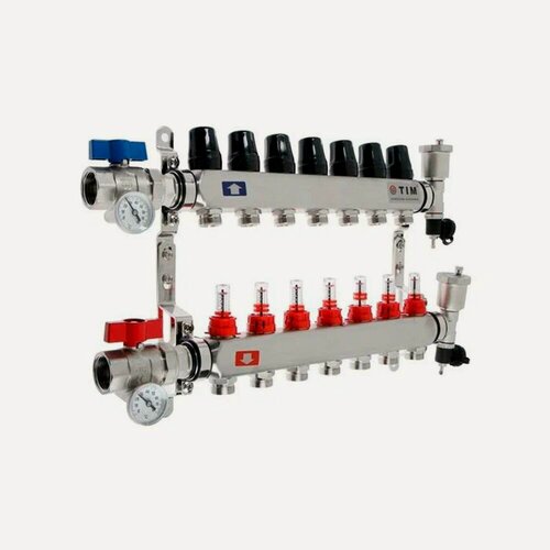 Изображение товара Коллекторная группа 1"-7 вых квадрат (с дренаж. краном и воздухоотвод) нерж. корпус, TIM