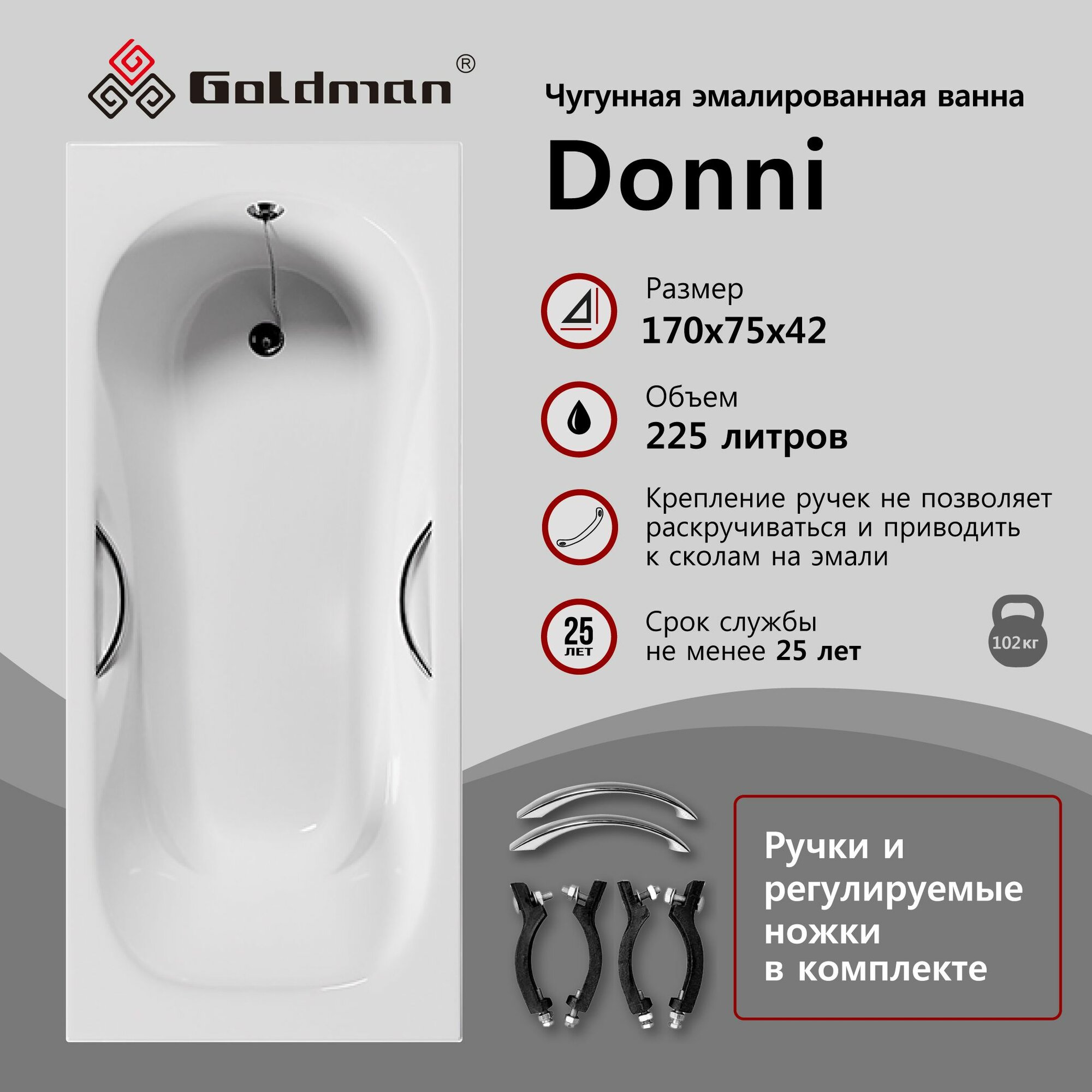 Чугунная ванна Goldman Donni 170x75x42 с дугообразными хромированными ручками