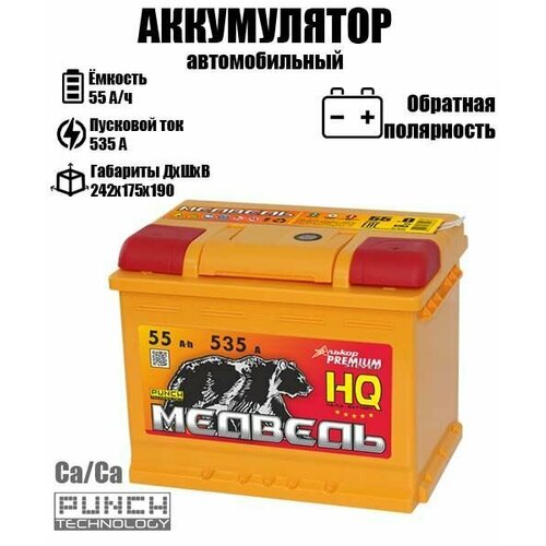Аккумулятор автомобильный Медведь 55 ач обратная полярность L2 8019₽