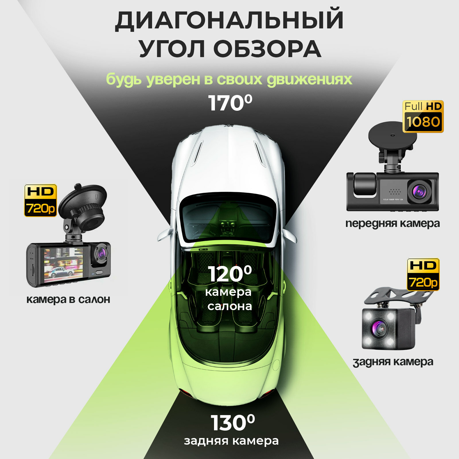 Автомобильный видеорегистратор с тремя камерами и 32-гигабайтной картой памяти Micro SD — фото 1