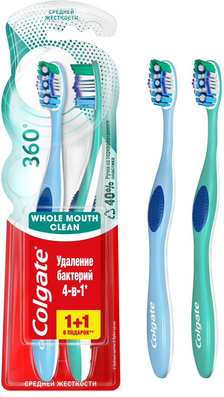 Зубная щетка Colgate 360, синтетическая щетина, средняя жесткость, 2 шт.