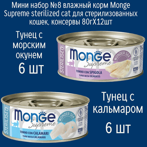 Мини набор №8 Влажный корм Monge Supreme Sterilised для стерилизованных кошек, консервы 12шт по 80гр (2 вкуса по 6шт)