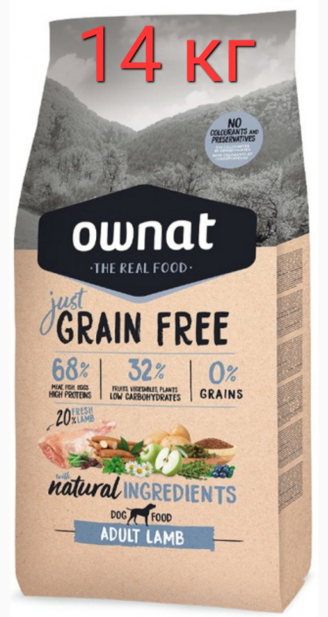 Корм Ownat "Grain Free", беззерновой, ягненок, для всех пород, 14кг