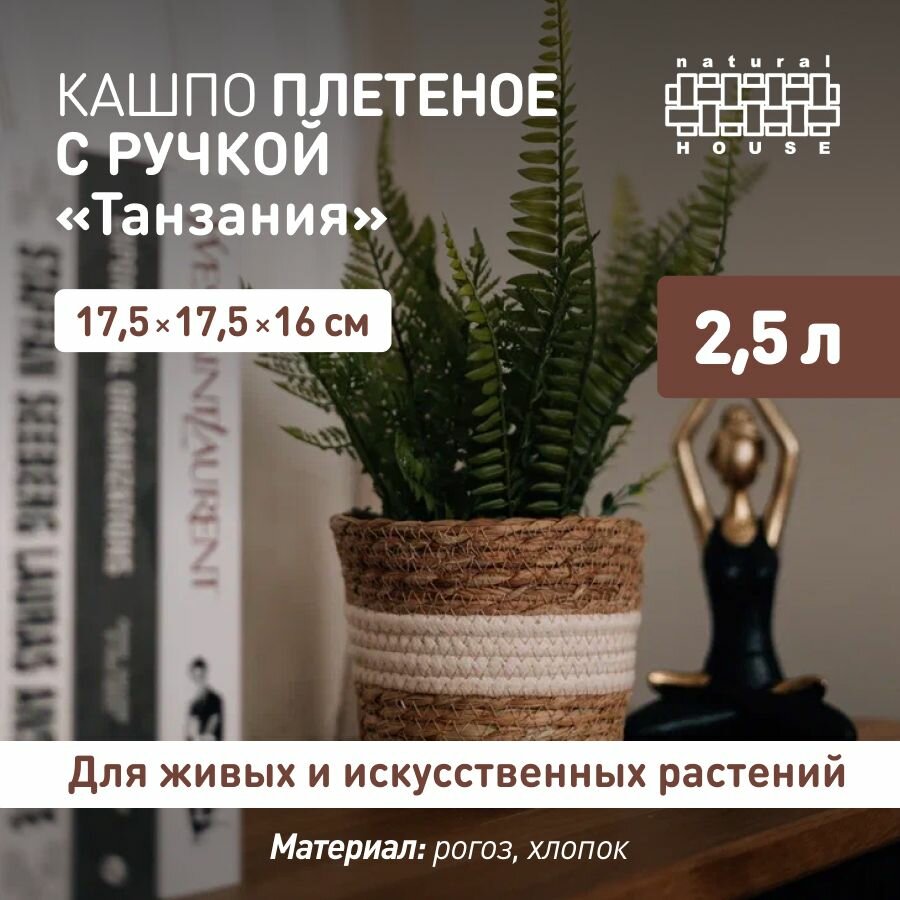 Кашпо для цветов с ручкой Танзания Natural House  2 5 л   Плетеное кашпо для декора интерьера   цвет  натуральный