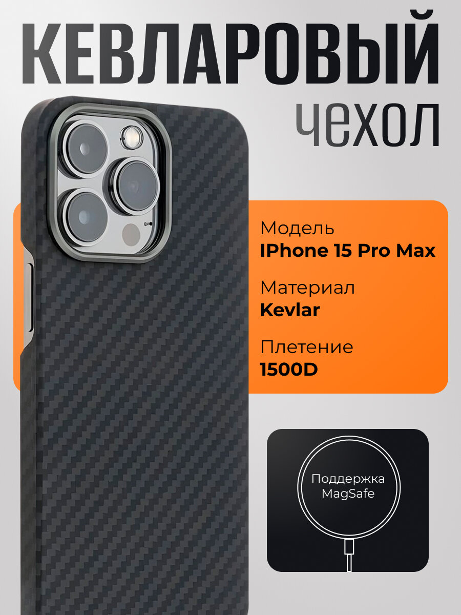 Кевларовый чехол MagSafe для iPhone 15 Pro Max, ультратонкий чехол магсейф для Айфон 15 Про Макс, 1500D - черный