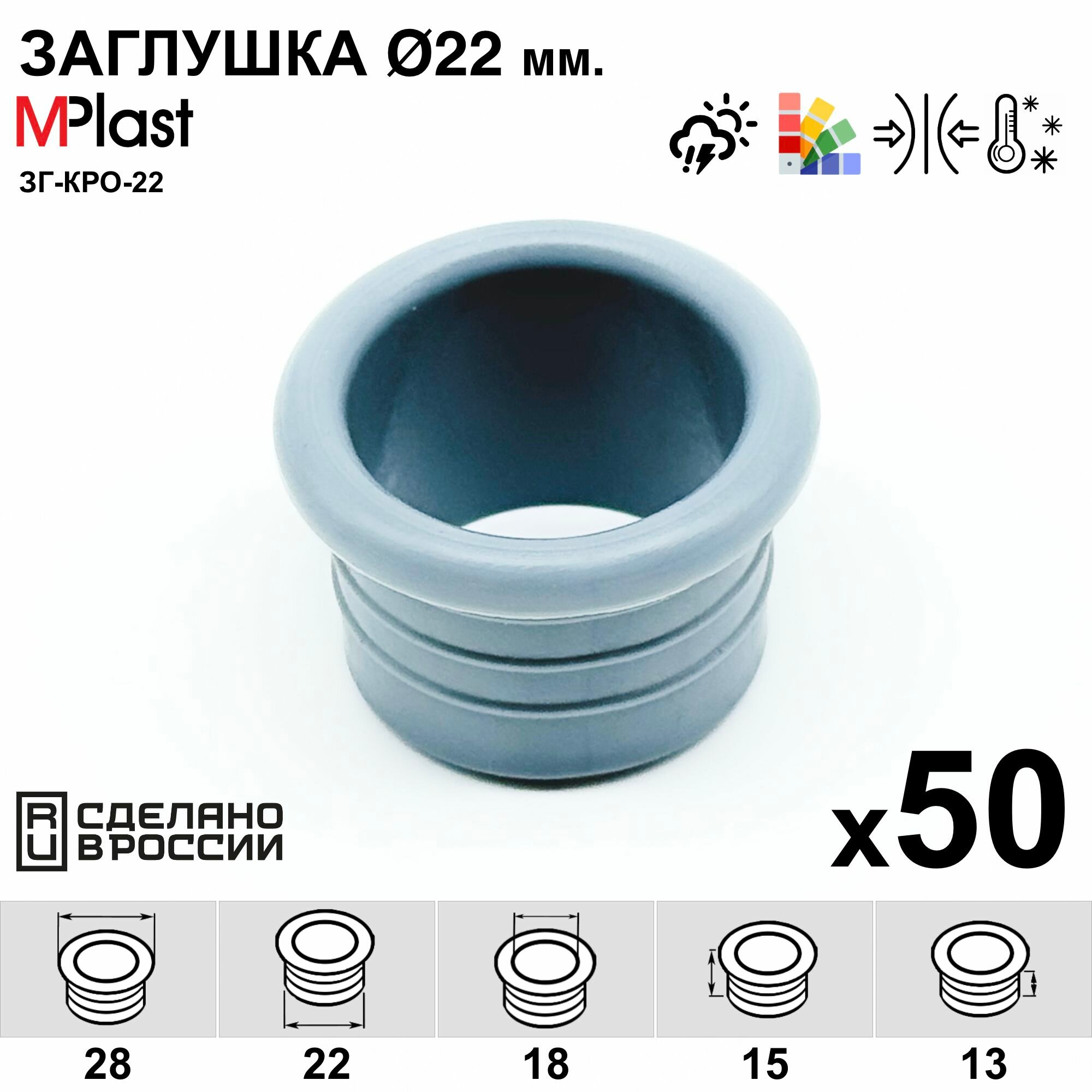 Заглушка круглая 22 мм с отверстием для кабеля декоративная для труб и профилей пластиковая мебельная серая 50 шт.