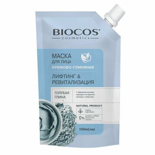 Маска для лица BioCos на основе голубой глины, лифтинг и ревитализация в дойпаке, 100 мл средства для умывания biocos маска для лица на основе белой глины детокс и восстановление в дойпаке