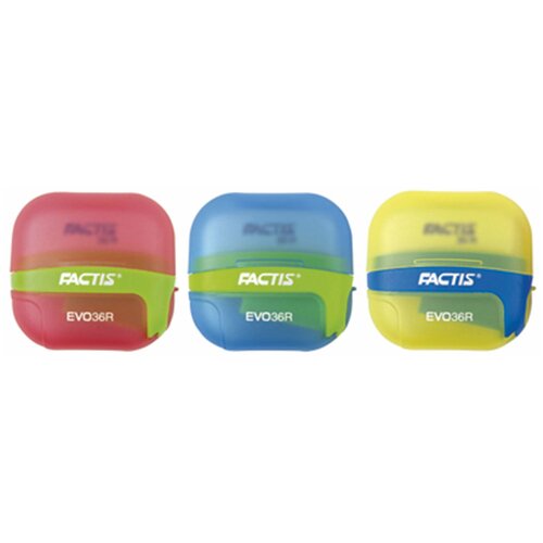 Точилка FACTIS EVO36R (Испания), с контейнером и стирательной резинкой, 50x50x25 мм, ассорти, F4707116