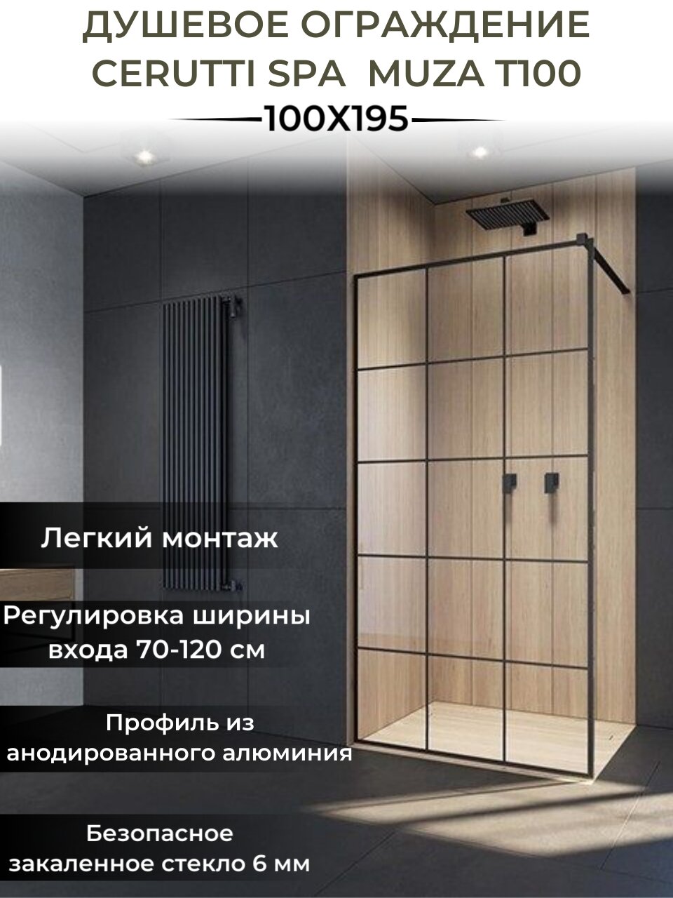 Душевое ограждение Ceruttispa MUZA T100 (100x195) стекло прозрачное, профиль чёрный, без поддона