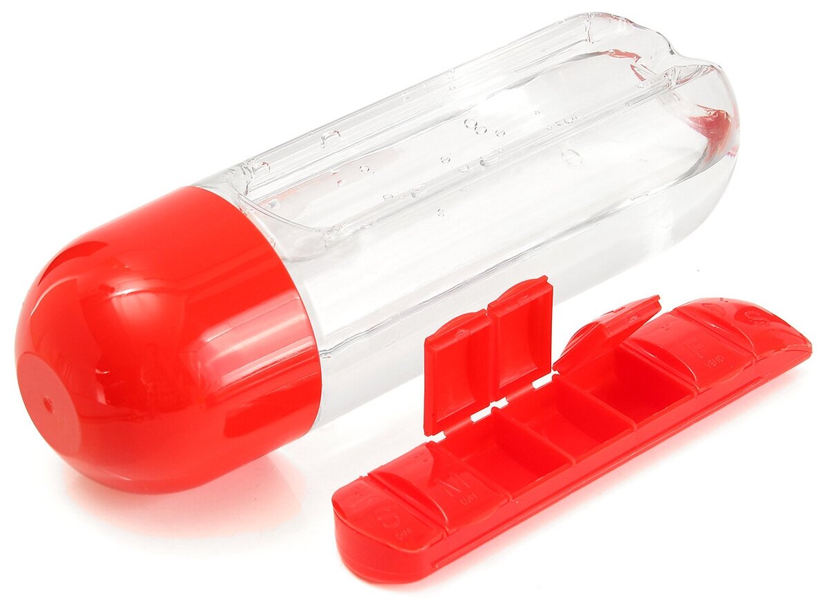 Бутылка-органайзер для таблеток на неделю, таблеточница органайзер для витаминов. 600 мл, красная - фотография № 2