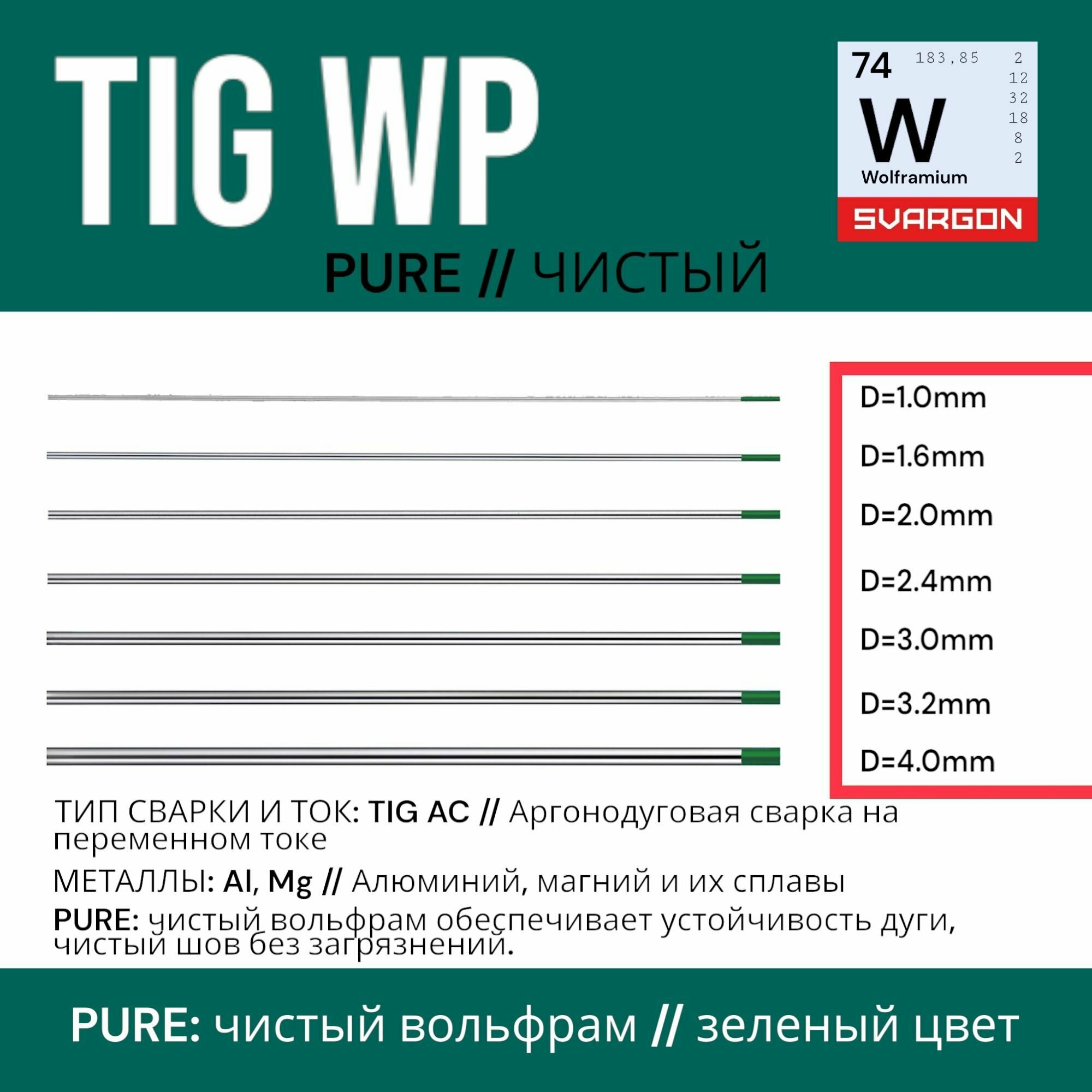 Вольфрамовые сварочные электроды для аргонодуговой сварки SVARGON TIG WP D16мм 3