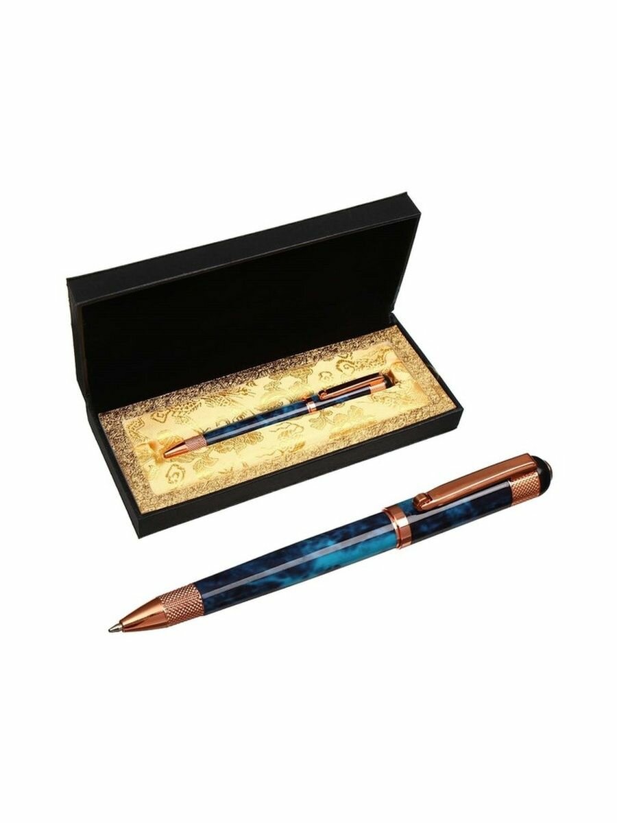 Ручка подарочная шариковая в кожзам футляре поворотная Вензура корпус мрамор синий с золотым 7584539 - фотография № 7
