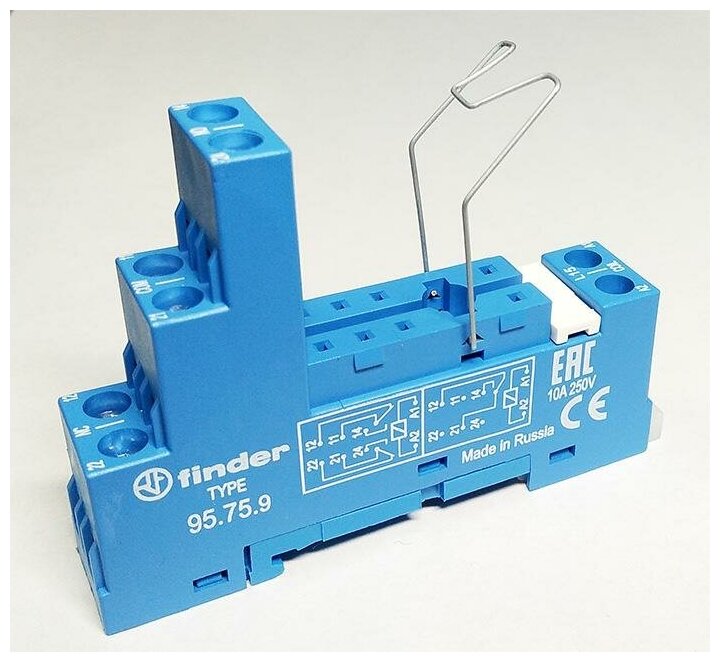 фото Розетка с винт. клеммами (с зажимной клетью) для реле 40.51 40.52 40.61 40.62 модули 99.01 в комплекте металлич. клипса 095.71 син. FINDER 95759SMA
