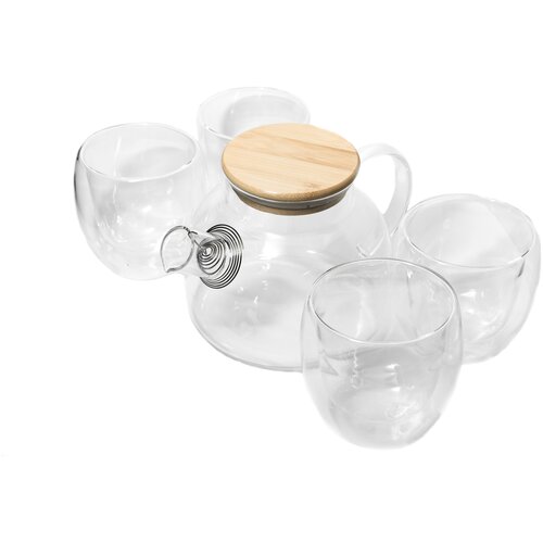Набор из стеклянных стаканов с двойным дном и чайник с бамбуковой крышкой, стаканы с двойными стенками для чая и чайник бочонок