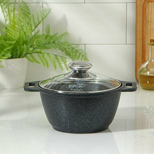 Кастрюля 1 л стеклянная крышка антипригарное покрытие цвет тёмный мрамор 5495₽