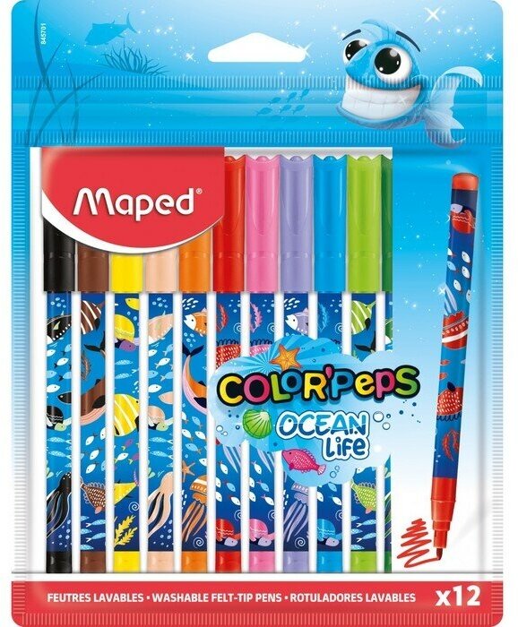 Maped Фломастеры 12 цветов Maped COLOR'PEPS OCEAN LIFE, суперсмываемые, декорированные, европодвес