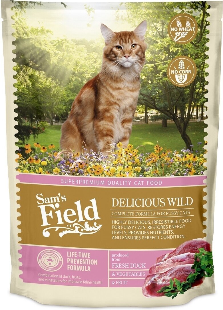 Сухой корм для кошек Sam's Field DELICIOUS WILD с чувствительным пищеварением, с уткой, овощами и яблоками, 400 г - фотография № 6