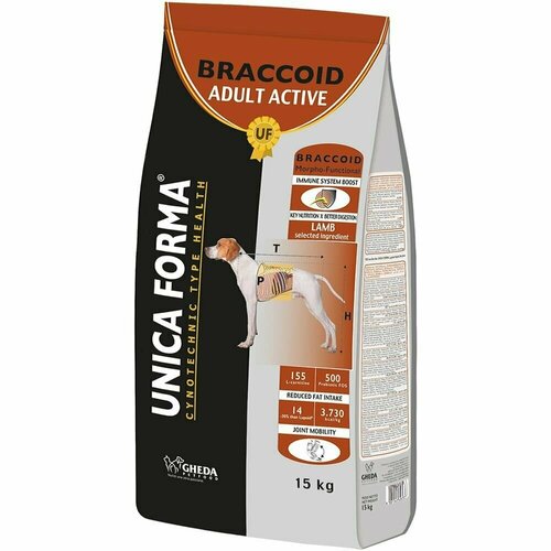 Сухой корм Unica Forma Braccoid Adult Active, для взрослых собак средних и крупных пород с ягненком, 15кг