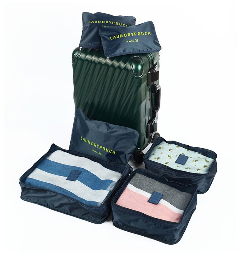 Дорожный органайзер для чемодана из 6 штук LAUNDRY POUCH, набор для путешествий и хранения вещей в чемодане, синий - фотография № 1