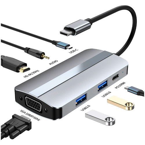 Хаб/Концентратор USB-C HUB 7 в 1/Переходник с USB 2.0/3.0, VGA, Type-C, HDMI 4K, Audio, PD Зарядка до 100W для MacBook Pro/Air