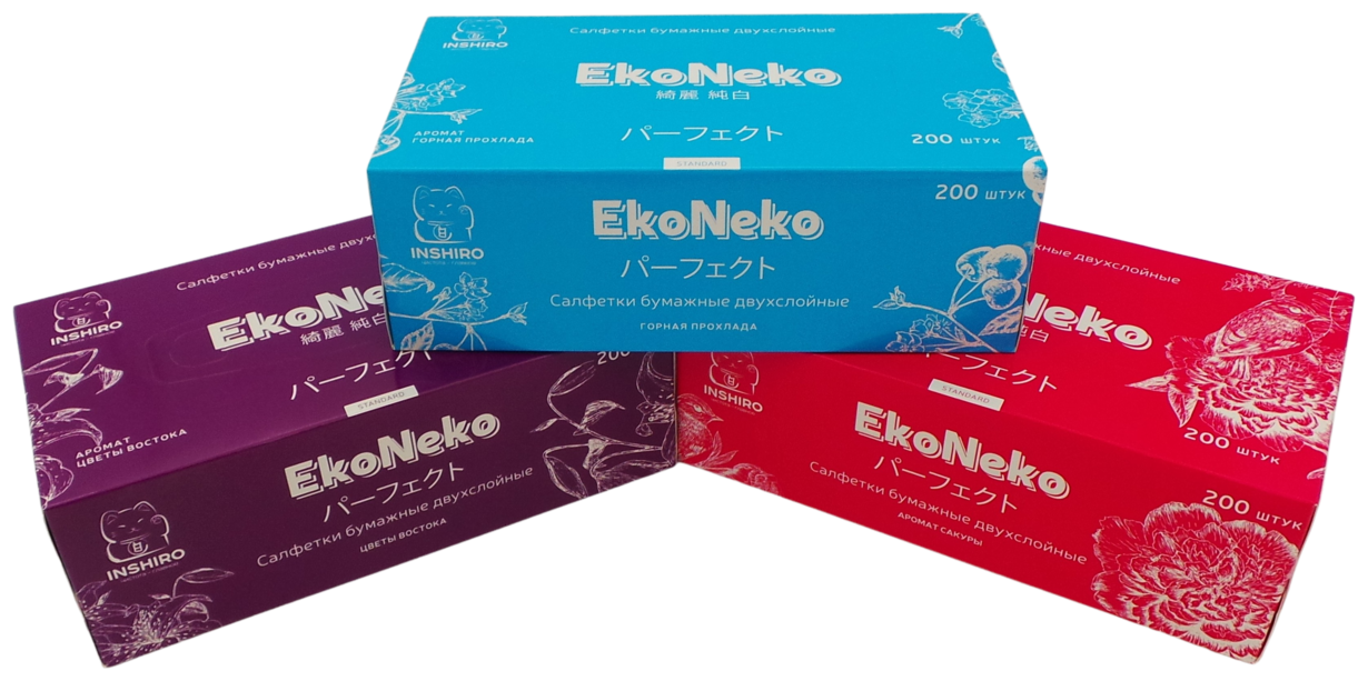 Набор. Бумажные салфетки в коробке Inshiro EkoNeko "Стандарт", 2 слоя, 3 упаковки по 200 шт - фотография № 2