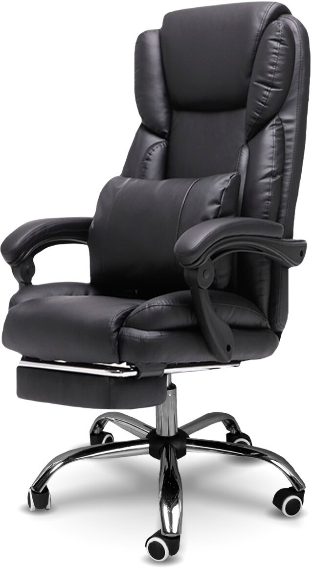 Мягкое компьютерное кресло с подушкой под поясицу, цвет черный - фотография № 2