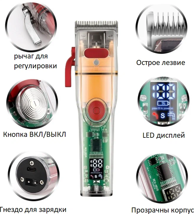 Профессиональная беспроводная машинка для стрижки волос/триммер/набор для стрижки/салонная/домашняя/уход за волосами/для дома/прозрачный - фотография № 6