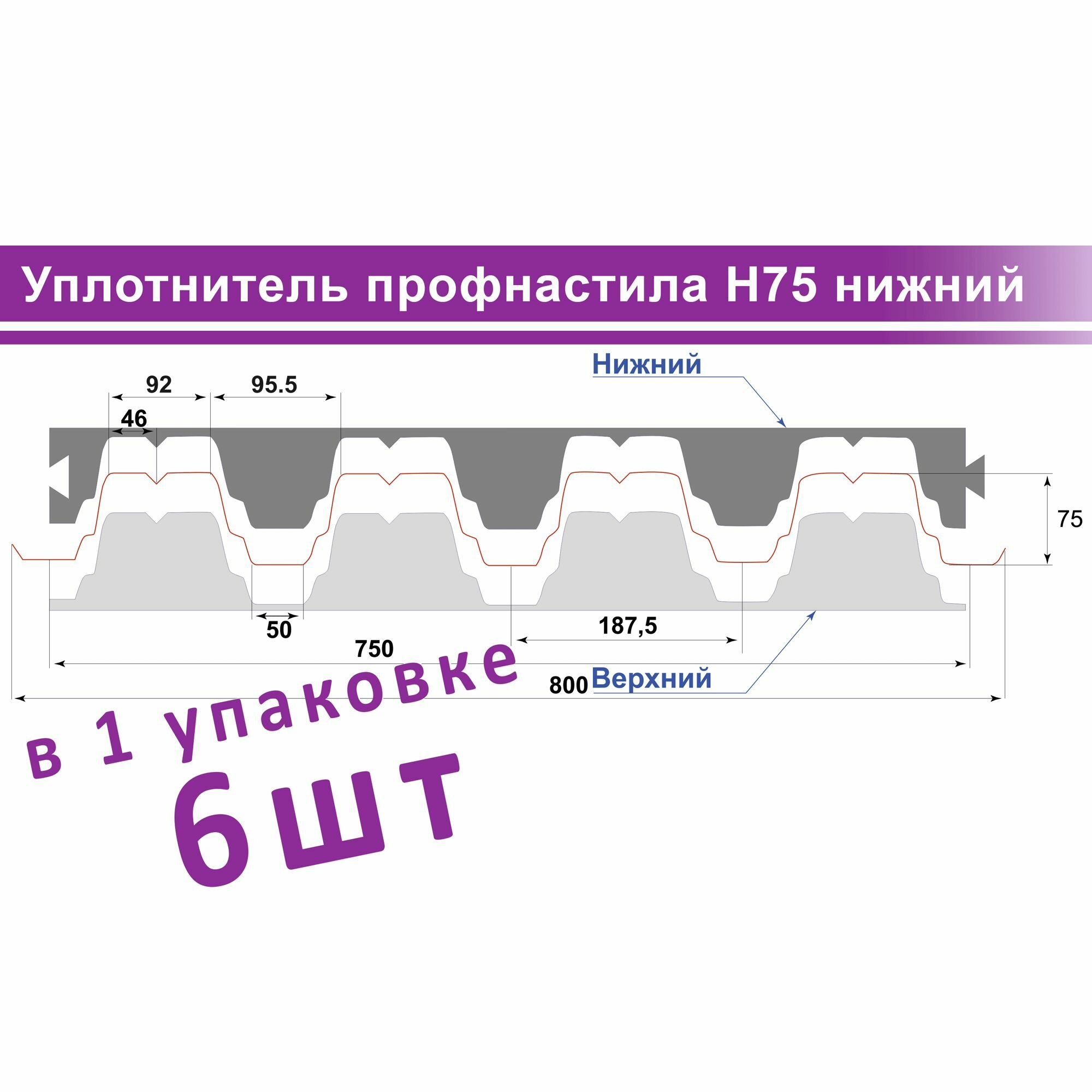 Уплотнитель для профнастила Н75 750мм ниж