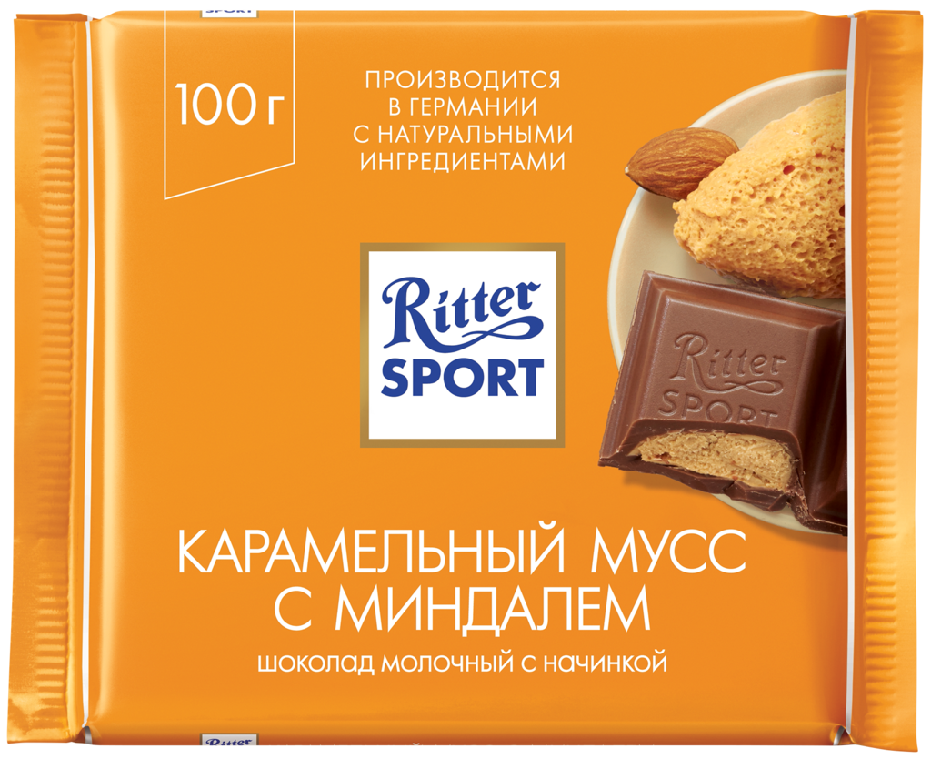 Шоколад молочный RITTER SPORT Карамельный мусс с миндалем, 100г