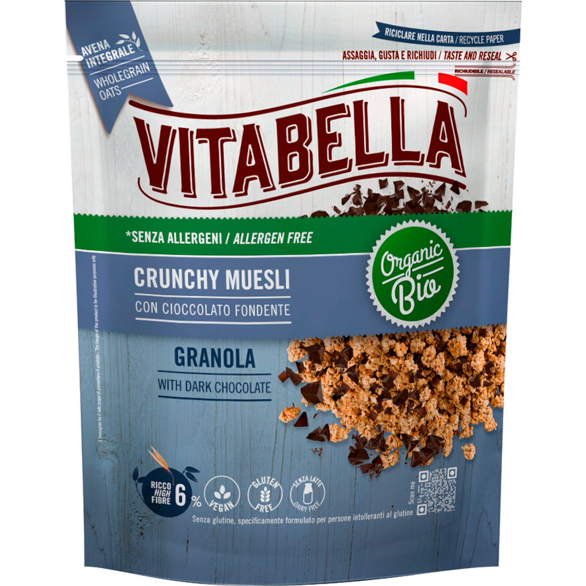 Органическая Гранола Vitabella Crunchy Granola, смесь хрустящих хлопьев с темным шоколадом, без глютена и без аллергенов, только натуральные ингредиенты, веган