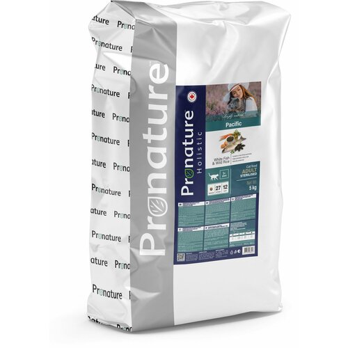 Сухой корм Pronature Holistic Pacific корм для стерилизованных кошек, океаническая белая рыба с рисом, 5кг