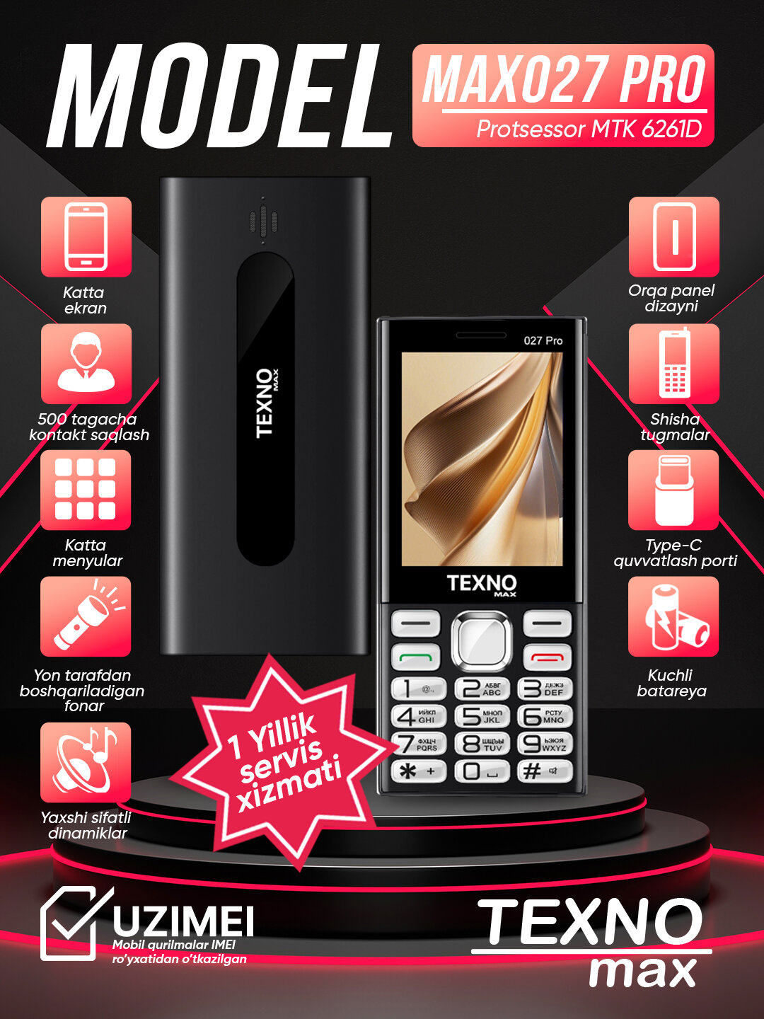 Телефон Texnomax "Max 027 Pro", кнопочный, Bluetooth, 2.8", TexnOS — фото 1