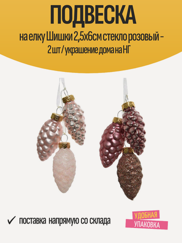 Изображение товара Подвеска на елку Шишки 2,5х6см стекло розовый - 2 шт / украшение дома на НГ